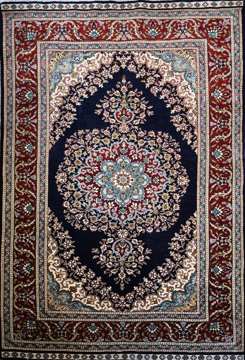 Midnight Bloom, handmade Hereke silk rug, 110 × 75 cm