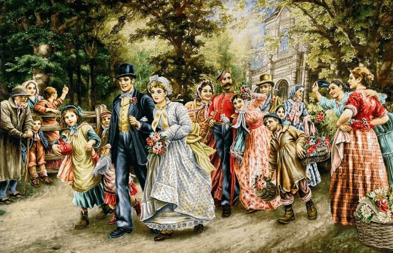The Wedding Procession, handmade Tabriz wall carpet in wool & silk, 160 × 105 cm