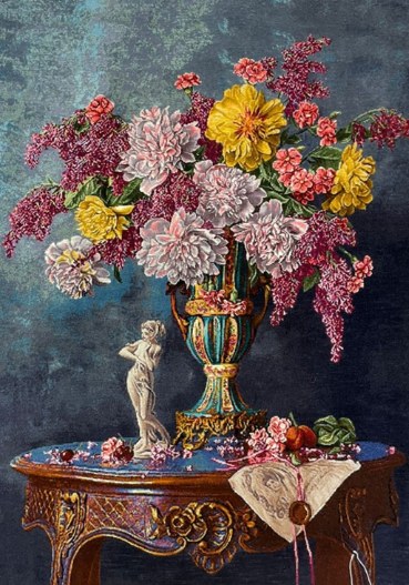Still Life with Peonies, handmade Tabriz wall carpet in wool & silk, 80 × 60 cm