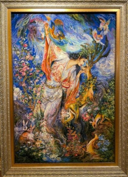 Spirit of the Garden, handmade Tabriz wall carpet in wool & silk, 100 × 70 cm
