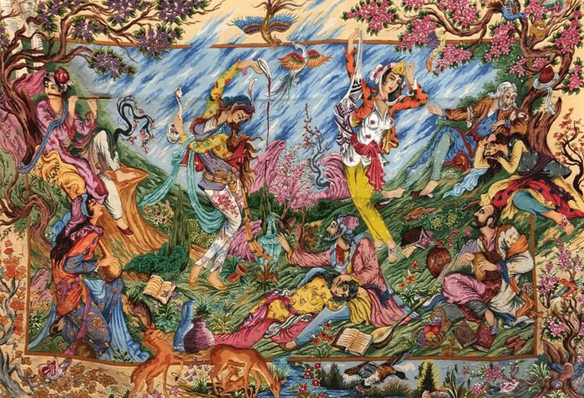 Dance with Nature, handmade Tabriz wall carpet in pure silk, 200 × 300 cm