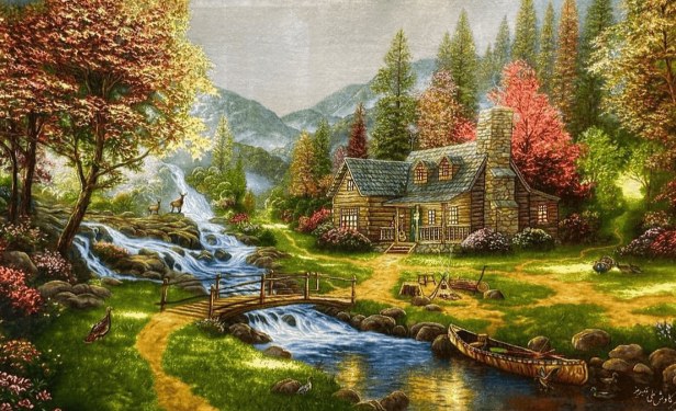 Cottage by the Falls, handmade Tabriz wall carpet in pure silk, 155 × 95 cm