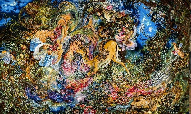 The Enchanted Forest, handmade Tabriz wall carpet